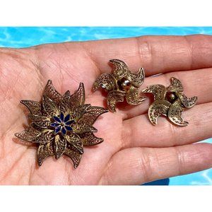 Vintage Topazio Portugal Filigree 925 Sterling Silver Gold Plated Vermeil Set